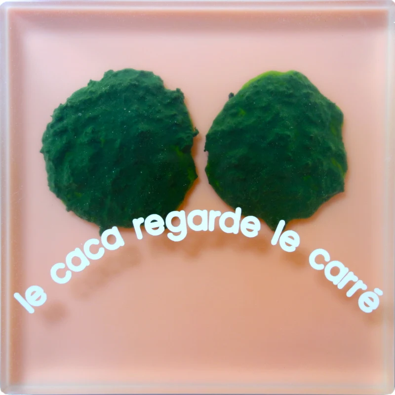 Un tableau carré en verre peint en blanc sur l'envers. La peinture est grattée pour écrire : . Vue de détail.