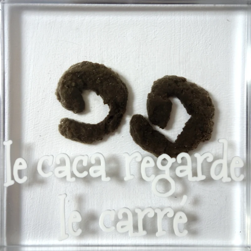 Un tableau carré en verre peint en blanc sur l'envers. La peinture est grattée pour écrire : . Vue de détail.