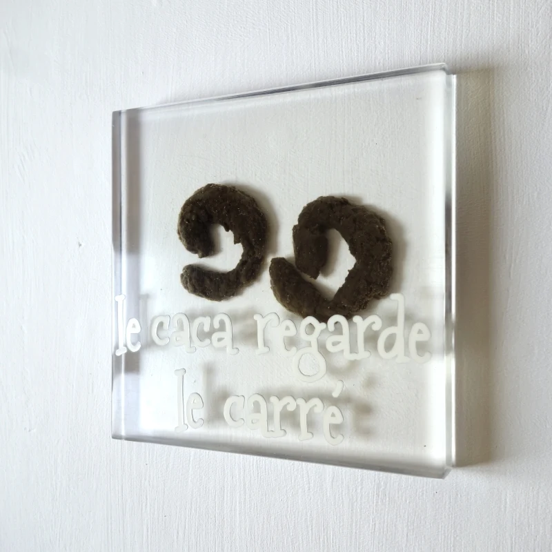 Un tableau carré en verre peint en rouge rosé sur l'envers. La peinture est grattée pour écrire : . Vue de face.